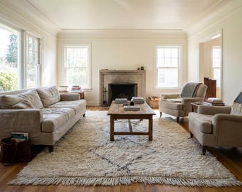 Alfombra marroquí hecha a mano de lana de 8x10 - Alfombra bohemia minimalista neutra en color marfil para sala de estar y dormitorio Beni Ourain