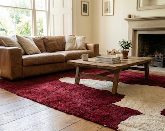 Alfombra marroquí de lana hecha a mano, 8x10, color burdeos, rojo y marfil, abstracta, para sala de estar, moderna y bohemia.