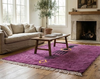 Alfombra marroquí hecha a mano de lana, tamaño personalizado, color morado, moderna, bohemia, para sala de estar y dormitorio, bereber.