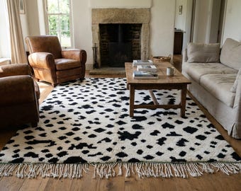 Alfombra marroquí de lana hecha a mano de 8x10 pies - Alfombra moderna en blanco y negro para sala de estar, alfombra minimalista estilo boho para dormitorio.