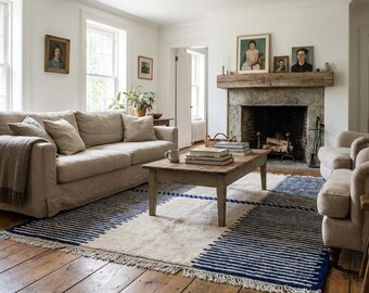 Alfombra marroquí hecha a mano de lana, tamaño personalizado, color marfil y azul marino, con rayas abstractas, para sala de estar, dormitorio, estilo bohemio moderno.