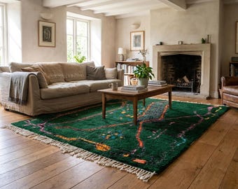 Alfombra marroquí de lana hecha a mano, tamaño personalizado - Alfombra moderna bohemia verde esmeralda para sala de estar y dormitorio.