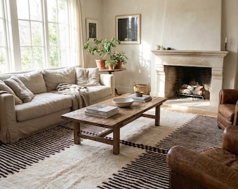 Alfombra marroquí de lana hecha a mano, 20 x 25 cm, color marfil, con rayas abstractas neutras, para sala de estar, estilo bereber minimalista moderno.