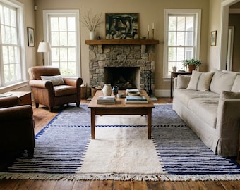 Alfombra marroquí de lana hecha a mano, 20 x 25 cm, color azul marfil, abstracta, para sala de estar, moderna y minimalista, para dormitorio.