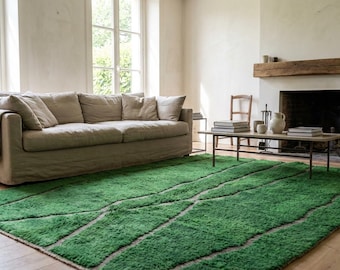 Alfombra marroquí de lana hecha a mano de 7x10 - Alfombra moderna bohemia verde esmeralda para sala de estar y dormitorio - Mrirt Berber