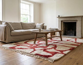 Alfombra marroquí de lana hecha a mano de 8x10 pies - Crema, marfil, óxido y rojo. Alfombra moderna estilo boho para sala de estar y dormitorio.