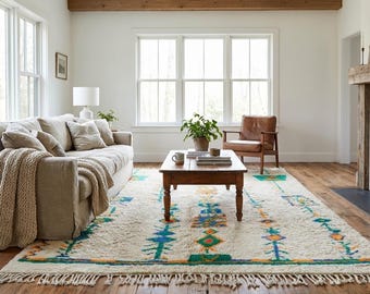 Moroccan Rug Handmade Wool Custom Size - Ivory Neutral Colorful Boho Area Rug for Living Room Bedroom - Azilal