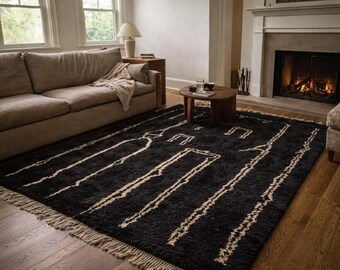 Moroccan Rug Handmade Wool Custom Size - Black White Minimalist Modern Area Rug for Living Room Bedroom Berber