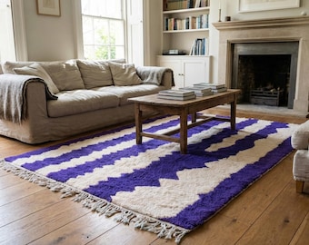 Alfombra marroquí hecha a mano de lana de 8x10 - Alfombra bohemia moderna abstracta de color marfil y morado para sala de estar y dormitorio