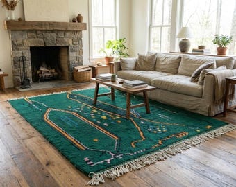 Moroccan Rug Handmade Wool 6x9 - Emerald Green Boho Area Rug for Living Room, Modern Abstract Berber Rug