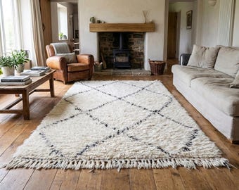 Alfombra marroquí hecha a mano de lana, tamaño personalizado, color marfil y negro, minimalista, estilo bohemio, para sala de estar y dormitorio, Beni Ourain