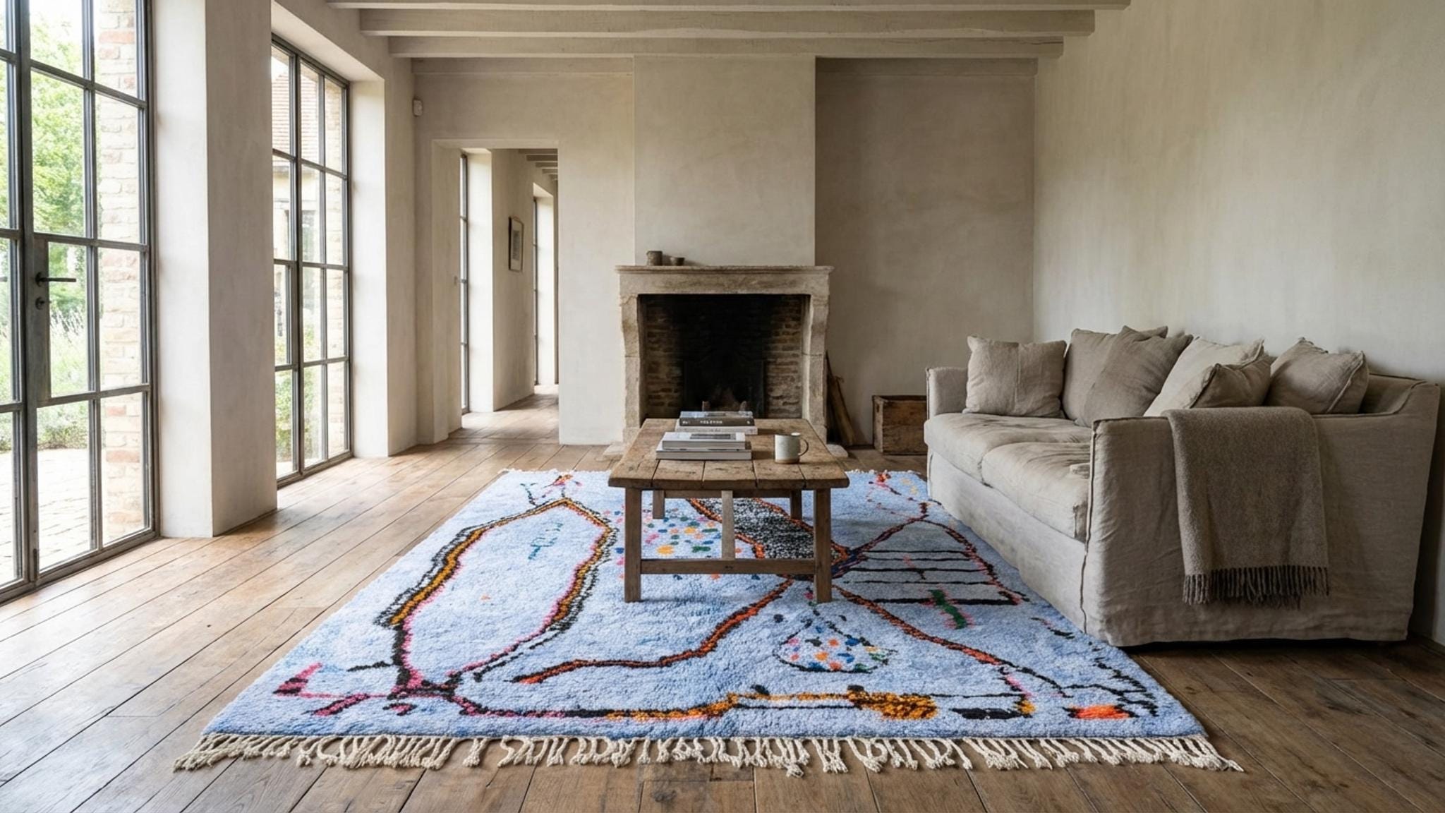 Moroccan Rug Handmade Wool Custom Size - Light Blue Colorful