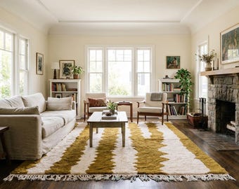 Alfombra marroquí de lana hecha a mano, 8x10, color marfil, verde oliva, abstracta, estilo bohemio, para sala de estar y dormitorio.