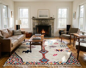 Alfombra marroquí de lana hecha a mano de 8x10 pies - Marfil, color neutro, colorida, moderna, estilo boho, alfombra para sala de estar, dormitorio, estilo bereber