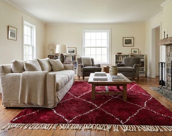 Alfombra marroquí de lana hecha a mano de 8x10 pies - Alfombra geométrica moderna de color rojo burdeos para sala de estar y dormitorio.
