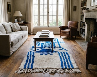 Alfombra marroquí de lana hecha a mano de 2x6 pies - Alfombra moderna estilo boho en azul marfil para pasillo, entrada o dormitorio Beni Ourain
