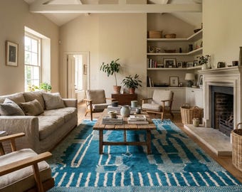 Alfombra marroquí de lana hecha a mano, 8 x 10, color azul verdoso y marfil, abstracta, para sala de estar, decoración moderna bohemia para dormitorio.