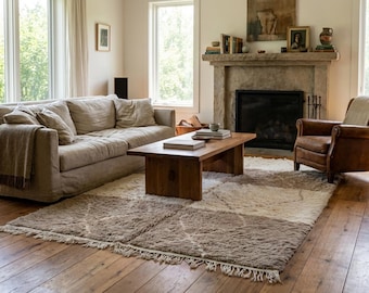 Alfombra marroquí de lana hecha a mano de 8x10 pies - Marfil, topo, color neutro, minimalista, estilo boho, para sala de estar y dormitorio, Beni Ourain