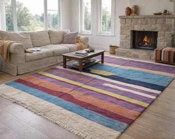 Moroccan Rug Handmade Wool 8x5 - Colorful Modern Kilim Area Rug for Living Room Bedroom Boho Decor