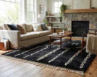 Alfombra marroquí de lana hecha a mano de 8x10 pies - Alfombra moderna minimalista en blanco y negro para sala de estar y dormitorio.