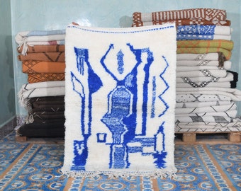 Contemporary Moroccan Rug - White  Blue - Modern Art