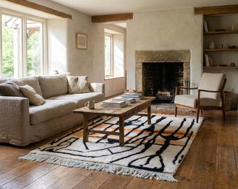 Alfombra marroquí hecha a mano de lana, tamaño personalizado, color marfil y negro, moderna, abstracta, estilo bohemio, para sala de estar y dormitorio.