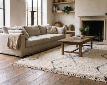 Alfombra marroquí hecha a mano de lana de 8x10 - Marfil neutro negro diamante bohemio alfombra para sala de estar dormitorio Beni Ourain