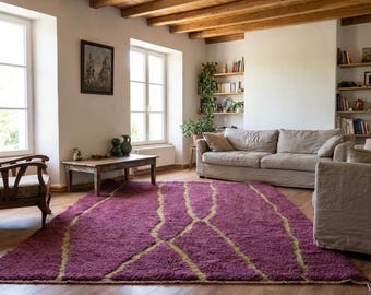 Alfombra marroquí de lana hecha a mano de 7x10 pies - Alfombra moderna estilo boho color ciruela púrpura para sala de estar y dormitorio - Mrirt