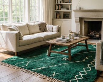 Moroccan Rug Mrirt 8x10 Wool Emerald Green Ivory Minimalist Boho Living Room