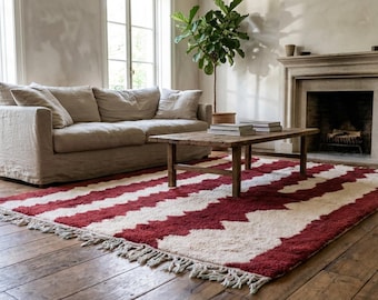 Alfombra marroquí hecha a mano de lana de 8x10 - Alfombra abstracta burdeos, rojo y marfil para sala de estar, bohemia, moderna, bereber