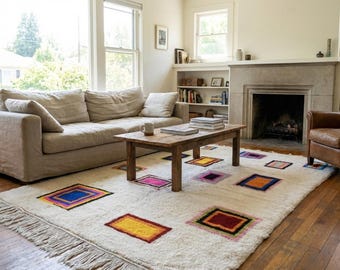 Moroccan Rug Handmade Wool Custom Size - Ivory Neutral Colorful Geometric Boho Area Rug for Living Room Bedroom - Mrirt