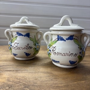 French hand-painted ceramic mustard pots Basil and Rosemary vintage