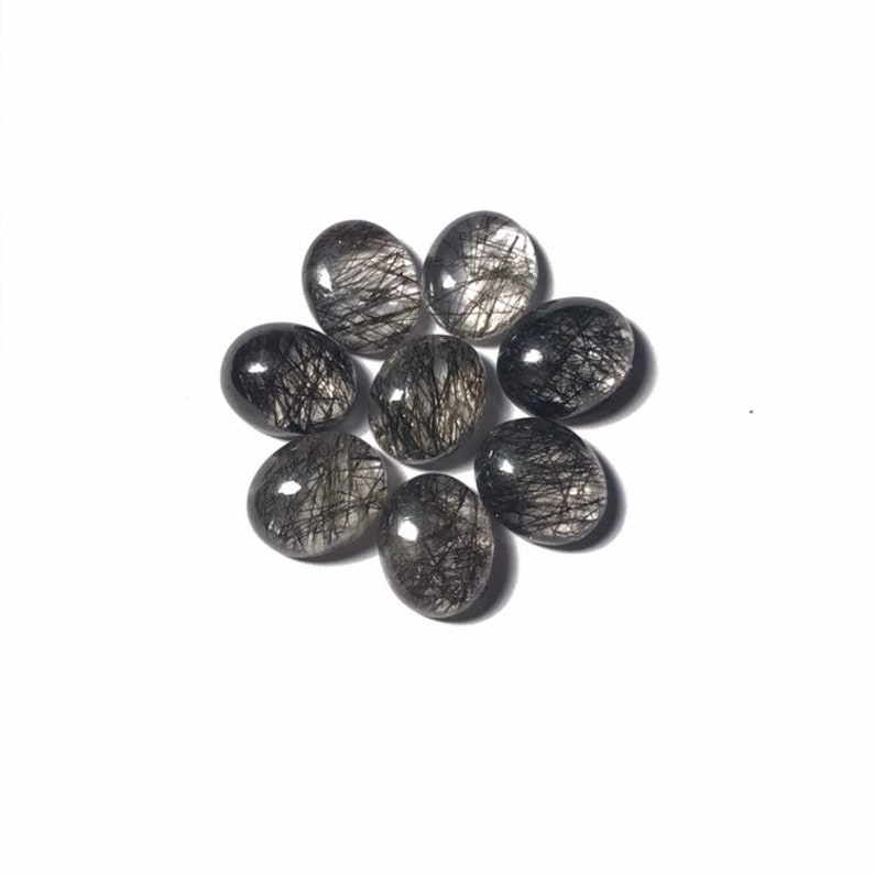 Black Tourmalate Quartz Oval Shape Black Rutile Quartz Gemstone 8 Pcs 10*12mm AAA Black Rutilated Quartz Cabochon Calibrated Size 33.80Ct