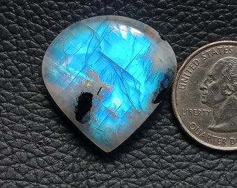 AAA+ Quality Rainbow Moonstone Cabochon with Black Tourmaline, Natural Moonstone Loose Gemstone Crystal, 29*29*8mm 56Cts