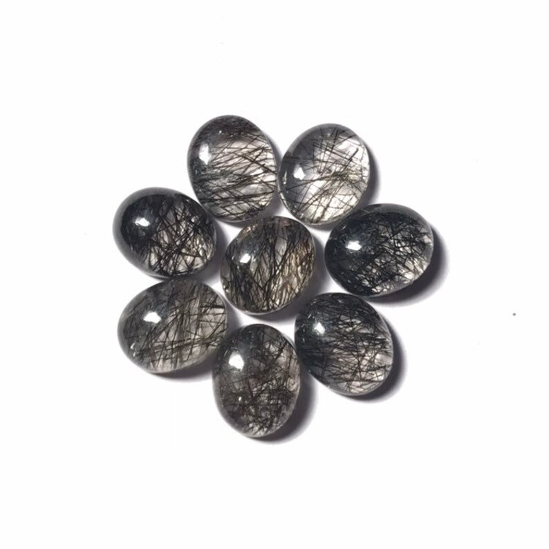 Black Tourmalate Quartz Oval Shape Black Rutile Quartz Gemstone 8 Pcs 10*12mm AAA Black Rutilated Quartz Cabochon Calibrated Size 33.80Ct