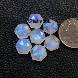 5 Pcs 8mm Rose Cut Rainbow Moonstone Gemstone, 100% Natural AAA Quality Faceted Hexagon Moonstone Crystals, Flat Back