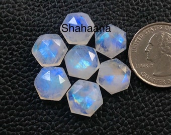 5 Pcs 8mm Rose Cut Rainbow Moonstone Gemstone, 100% Natural AAA Quality Faceted Hexagon Moonstone Crystals, Flat Back