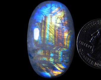 AAA Quality Rainbow Flashy Moonstone Cabochon 100% Natural Oval Shape Gemstone Crystal, Size 35*22*6mm 48Cts