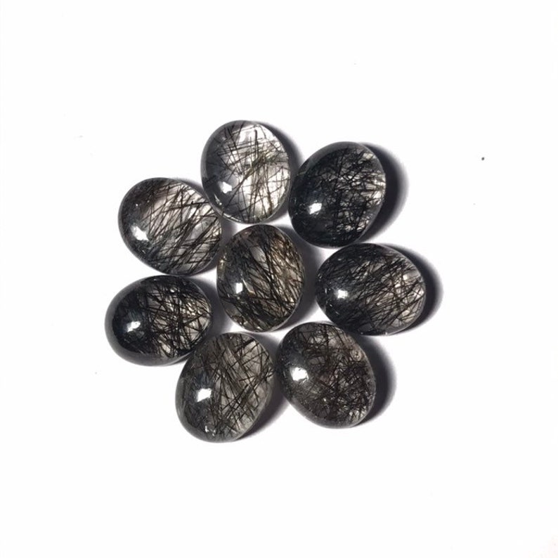 Black Tourmalate Quartz Oval Shape Black Rutile Quartz Gemstone 8 Pcs 10*12mm AAA Black Rutilated Quartz Cabochon Calibrated Size 33.80Ct