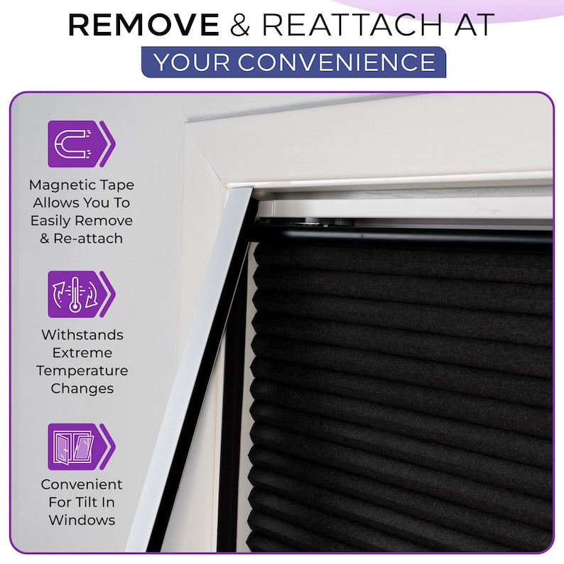 May include: A black pleated window shade with a white frame. Text reads: REMOVE & REATTACH AT YOUR CONVENIENCE. Icons show magnetic tape, temperature resistance, and tilt-in window compatibility. The shade is partially detached from the white window frame.
