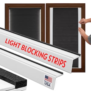 May include: White L-shaped light blocking strips with black foam adhesive backing. The strips feature the red text LIGHT BLOCKING STRIPS and a small rectangular sticker with the American flag and the text Made in USA on the front surface.