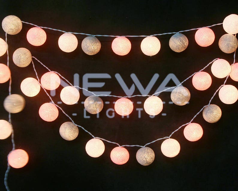 35 Pastel Pink Gray White Cotton Ball Lights String Lights Etsy