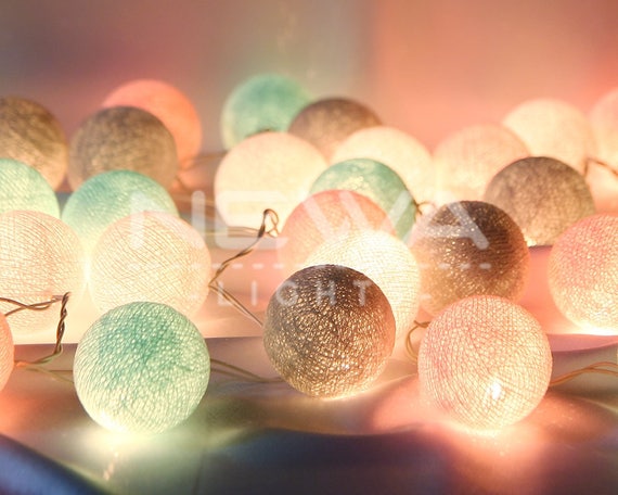 35 Pastel Pink Mint Gray White Cotton Ball Lights String Lights Fairy Lights Christmas Lights Garland Lights Bedroom Lights Nursery Lights