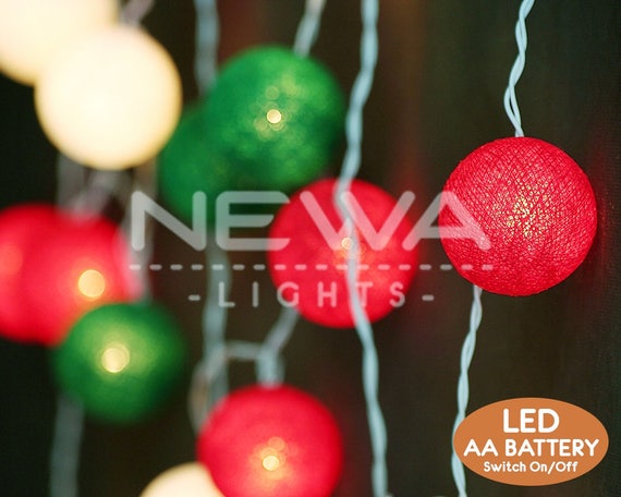 20 Led Battery Christmas Lights Red Green White Cotton Ball Etsy