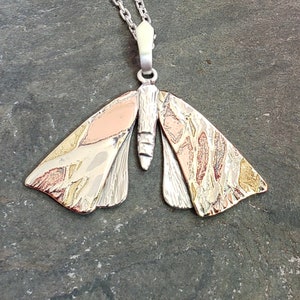 Unique One Off Handmade Mokume Gane and Sterling Silver Moth Insect Statement Pendant on 18&quot; Sterling Silver Chain Closed Wings