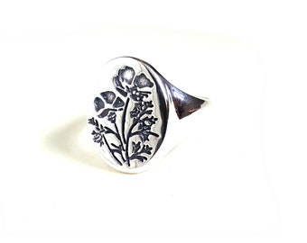 Hallmarked Flower Patterned Stamped Engraved Sterling Silver Signet Ring Size O
