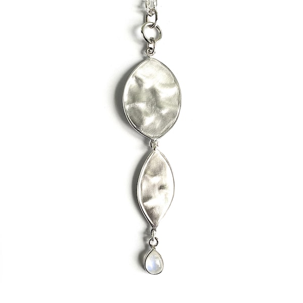 Hallmarked Sterling Silver Double Honesty Lunaria Silver Dollar Seed Pod Pendant on 16" Sterling Silver Chain With Moonstone Drop