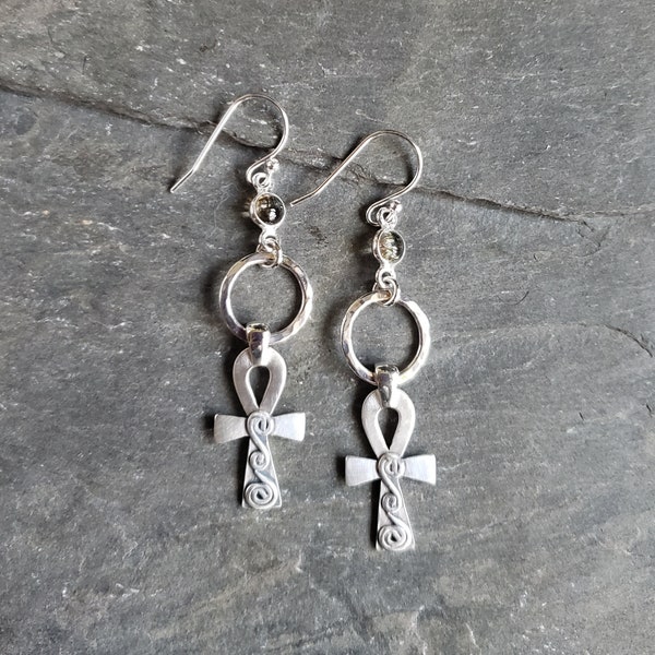 Hallmarked Sterling Silver Egyptian Ankh Key of Life Earrings With Tourmaline on Fish-hooks