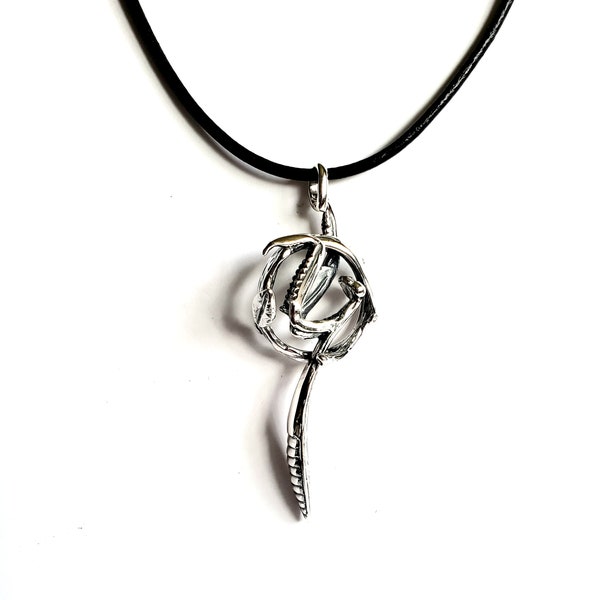 Heavy Hallmarked Sterling Silver Praying Mantis Insect on Twig and Leaf Ring Pendant on 17" Real Leather Cord 2" Extension