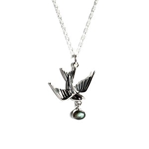 Hallmarked Sterling Silver Retro Tattoo Swallow Bird Pendant Oxidized Antique Finish With Labradorite Drop on 18&quot; Sterling Silver Chain